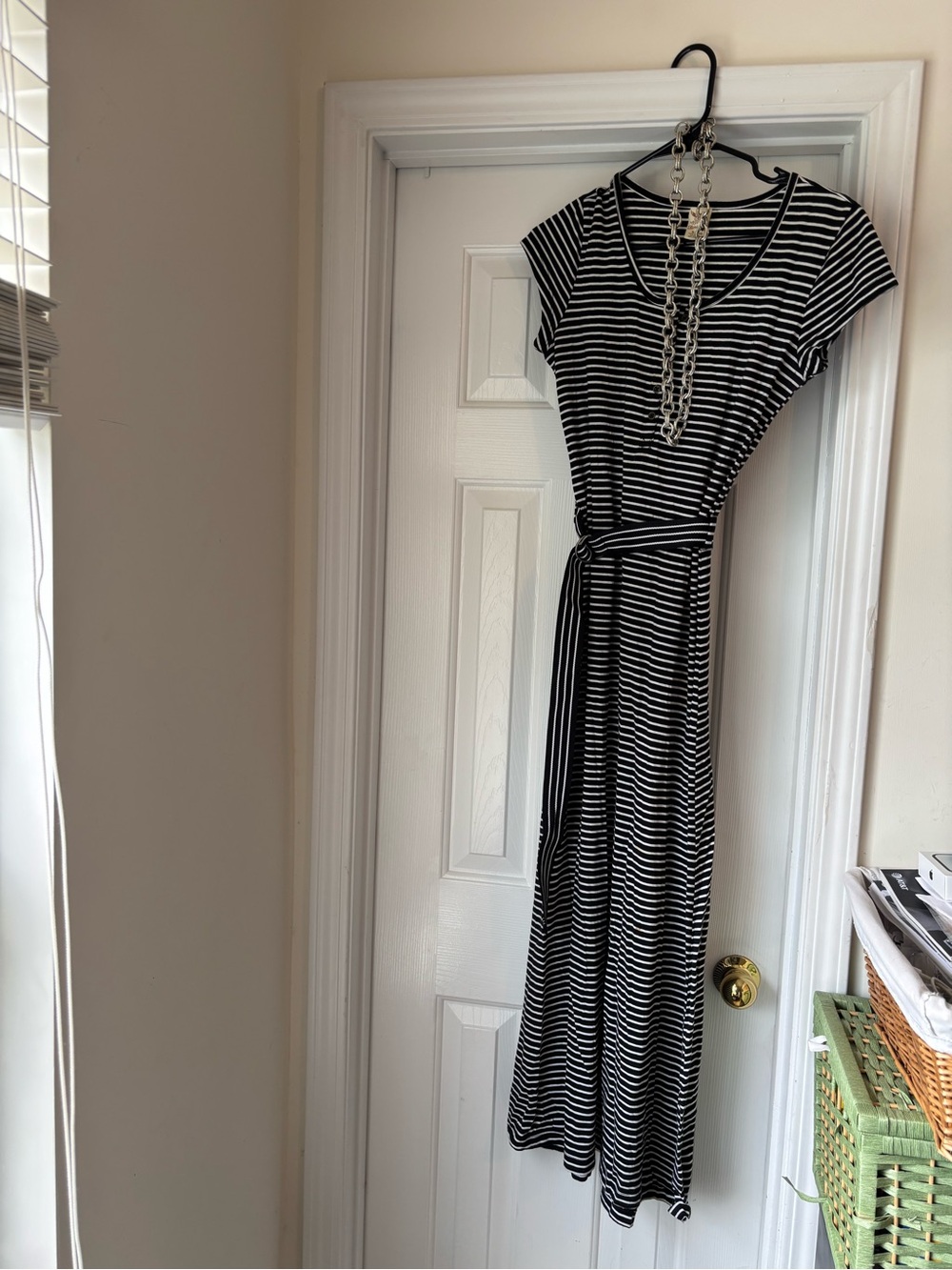 Faded Glory Black and White Striped V‑Neck Maxi Dress with Waist Tie